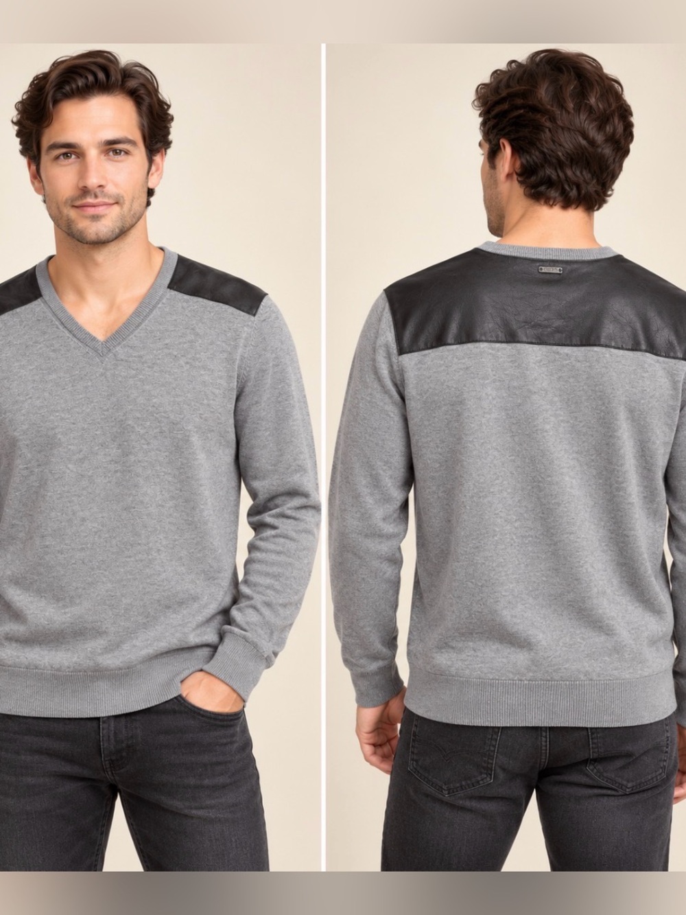 GUESS Men’s Grey V-Neck Sweater Faux Leather Shoulder Panels NWT L